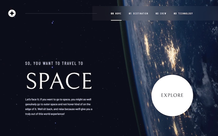 Site web sur le tourisme spatial, capture d’écran de la page d’accueil (bureau)