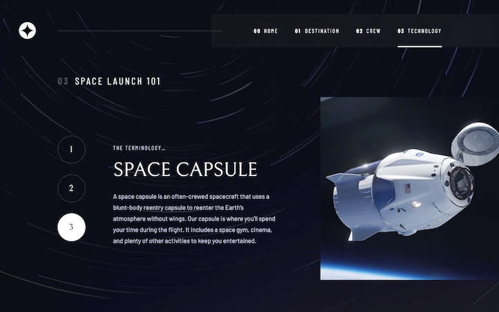 Space tourism website, screenshot of technology page (desktop)