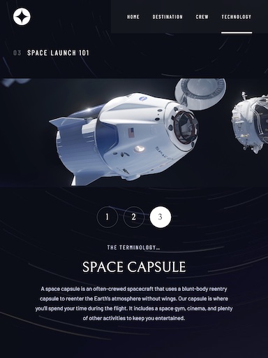 Space tourism website, screenshot of technology page (tablet)