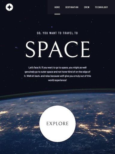 Site web sur le tourisme spatial, capture d’écran de la page d’accueil (tablette)
