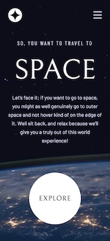 Space tourism website, screenshot of home page (mobile)