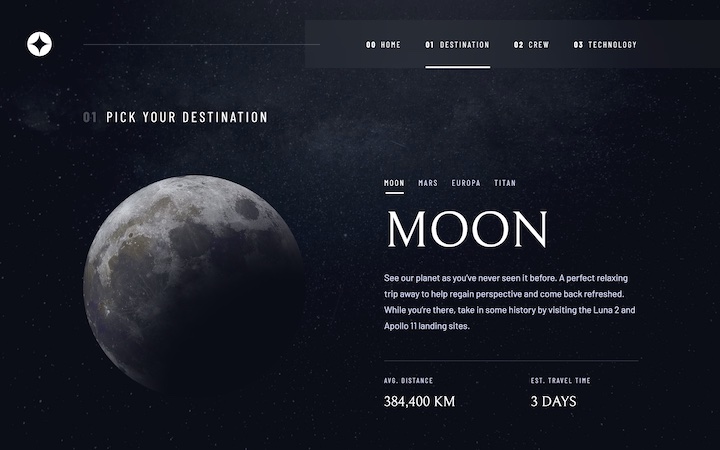 Space tourism website, screenshot of destination page (desktop)