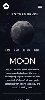 Space tourism website, screenshot of destination page (mobile)